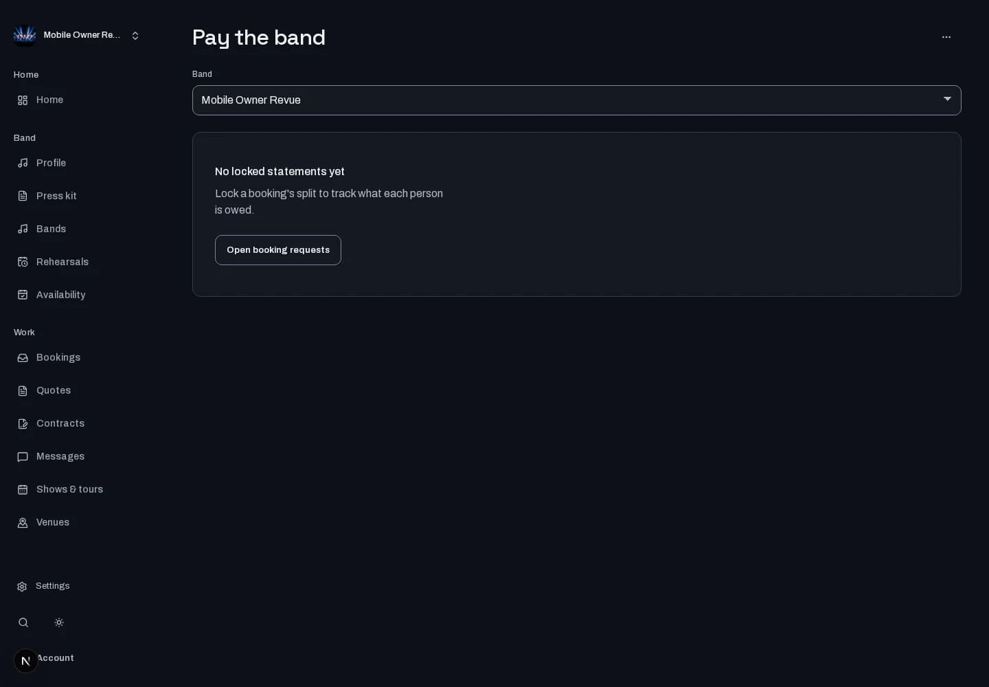 Pay the band: desktop workspace with local test data. Availability shown reflects the test environment.