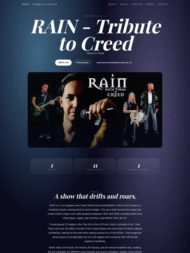 RAIN — Tribute to Creed in the Aurora Drift EPK template