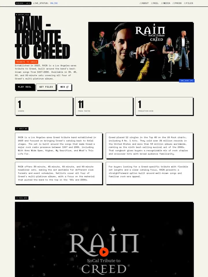 RAIN — Tribute to Creed in the Neo Brutal EPK template