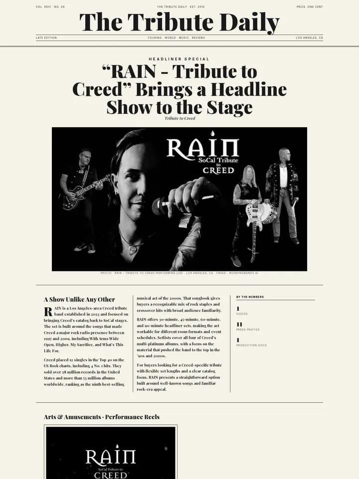RAIN — Tribute to Creed in the Newsprint Daily EPK template