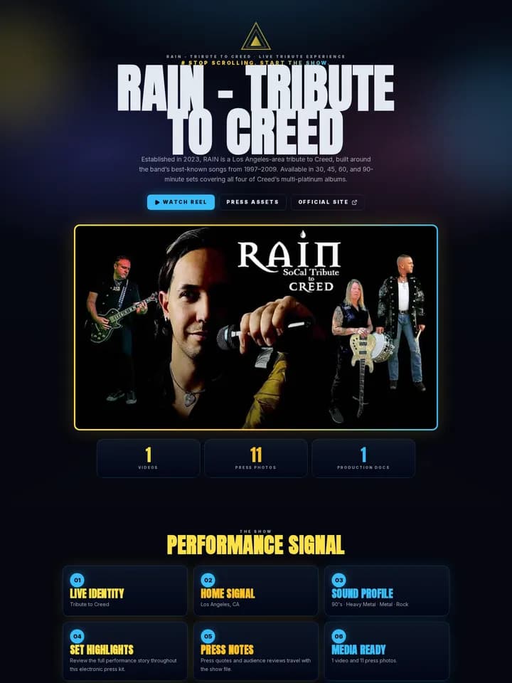 RAIN — Tribute to Creed in the Pinnacle Grid EPK template