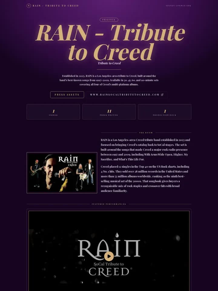 RAIN — Tribute to Creed in the Velvet Lounge EPK template