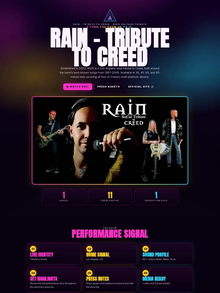 RAIN — Tribute to Creed in the Voltage Pop EPK template