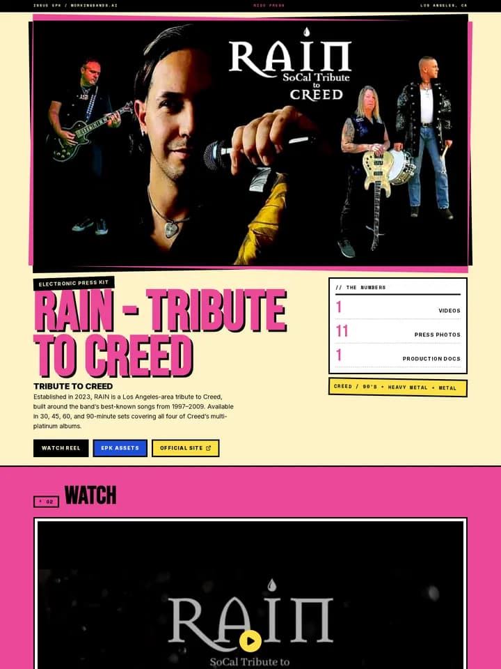 RAIN — Tribute to Creed in the Zine Press EPK template