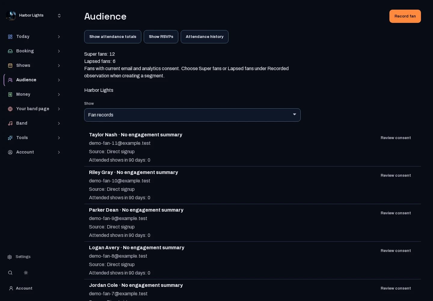 Harbor Lights’ fan contacts, locations and contact permissions.