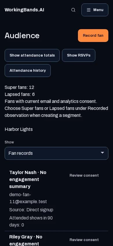 Harbor Lights’ fan contacts, locations and contact permissions. Shown on a phone.