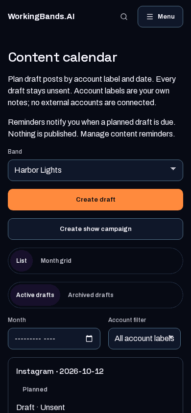 Planned posts for Harbor Lights’ autumn shows, organized by date and account. Shown on a phone.