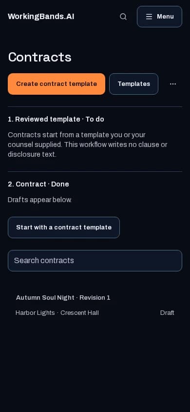 Harbor Lights’ Crescent Hall performance agreement. Shown on a phone.