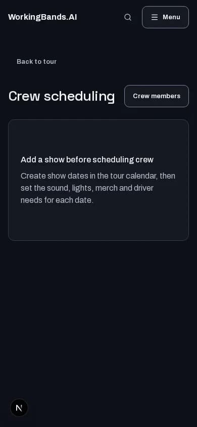 Crew scheduling: mobile workspace with local test data. Availability shown reflects the test environment.