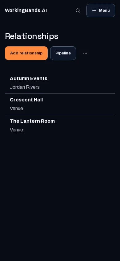 Harbor Lights’ venue relationships and talent-buyer contacts. Shown on a phone.