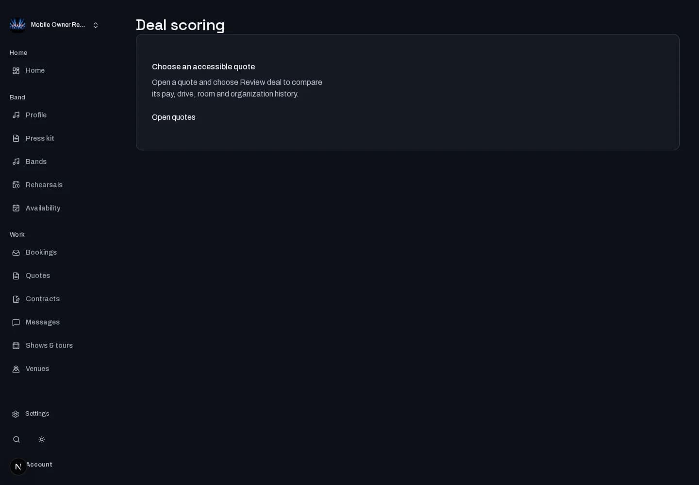 Deal scoring: desktop workspace with local test data. Availability shown reflects the test environment.