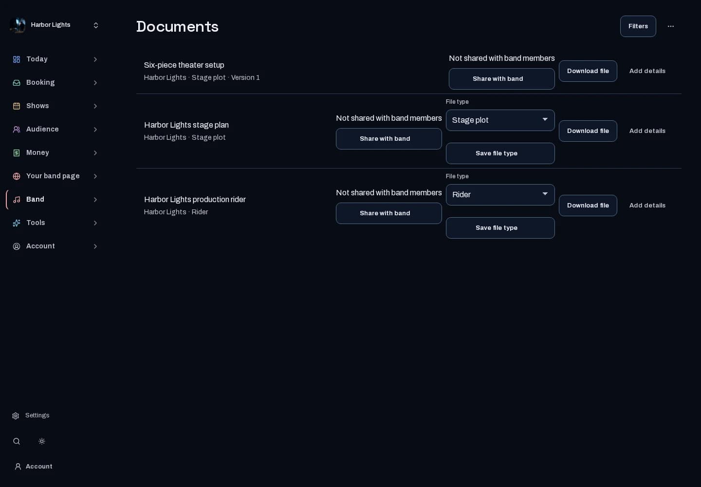 Harbor Lights’ hosted production rider and document locker.