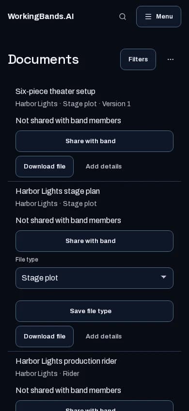 Harbor Lights’ hosted production rider and document locker. Shown on a phone.