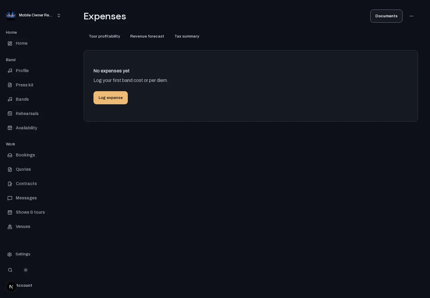 Expense tracking: desktop workspace with local test data. Availability shown reflects the test environment.