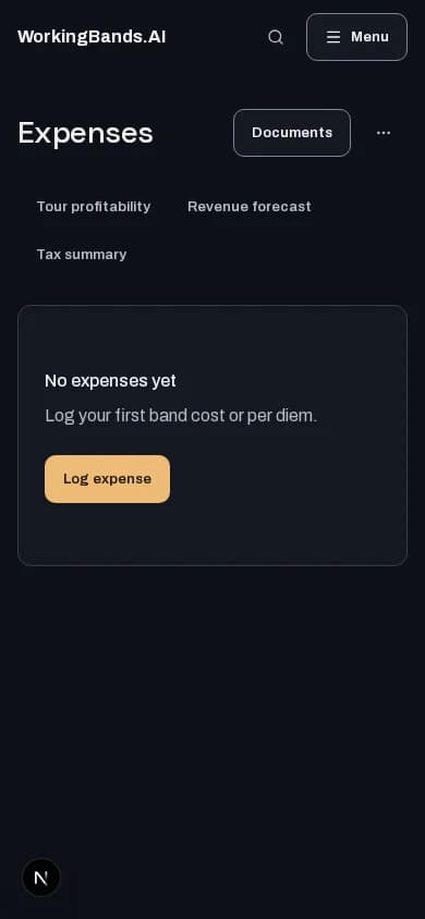 Expense tracking: mobile workspace with local test data. Availability shown reflects the test environment.