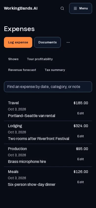 Harbor Lights’ travel, lodging, production and meal expenses. Shown on a phone.