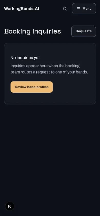 Booking inquiries: mobile workspace with local test data. Availability shown reflects the test environment.