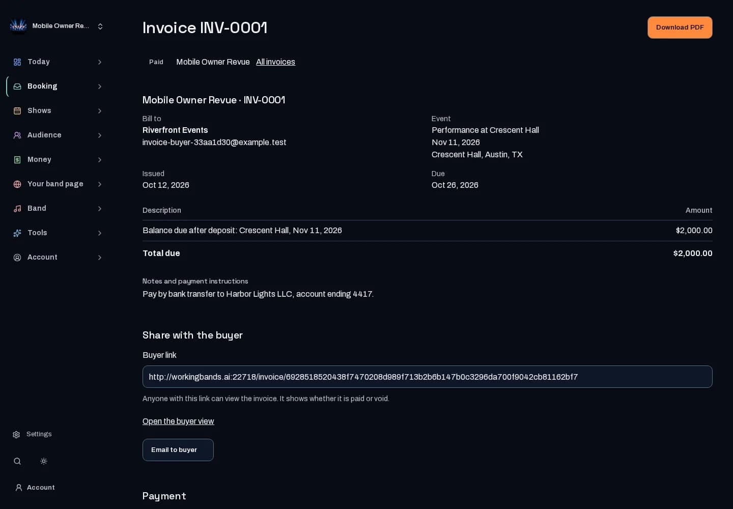 An issued invoice for a confirmed show, marked paid.
