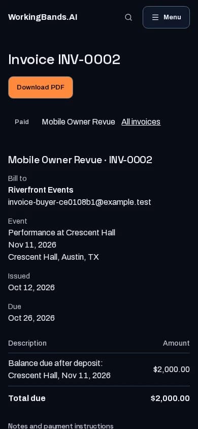 An issued invoice for a confirmed show, marked paid. Shown on a phone.