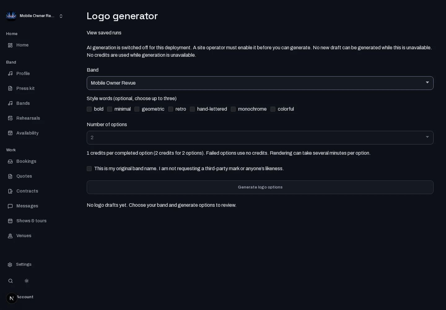 Logo drafts: desktop workspace with local test data. Availability shown reflects the test environment.