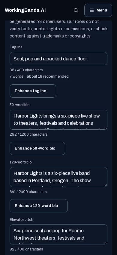 Harbor Lights’ tagline and press biographies, ready to review and edit. Shown on a phone.