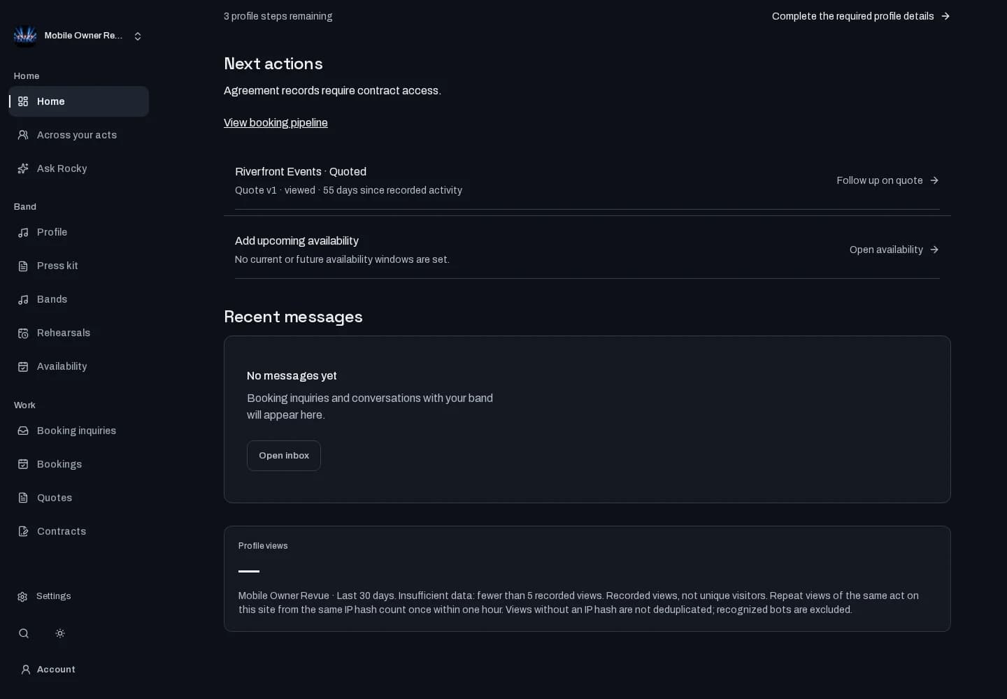 Recorded profile views on the owner overview with isolated test records.