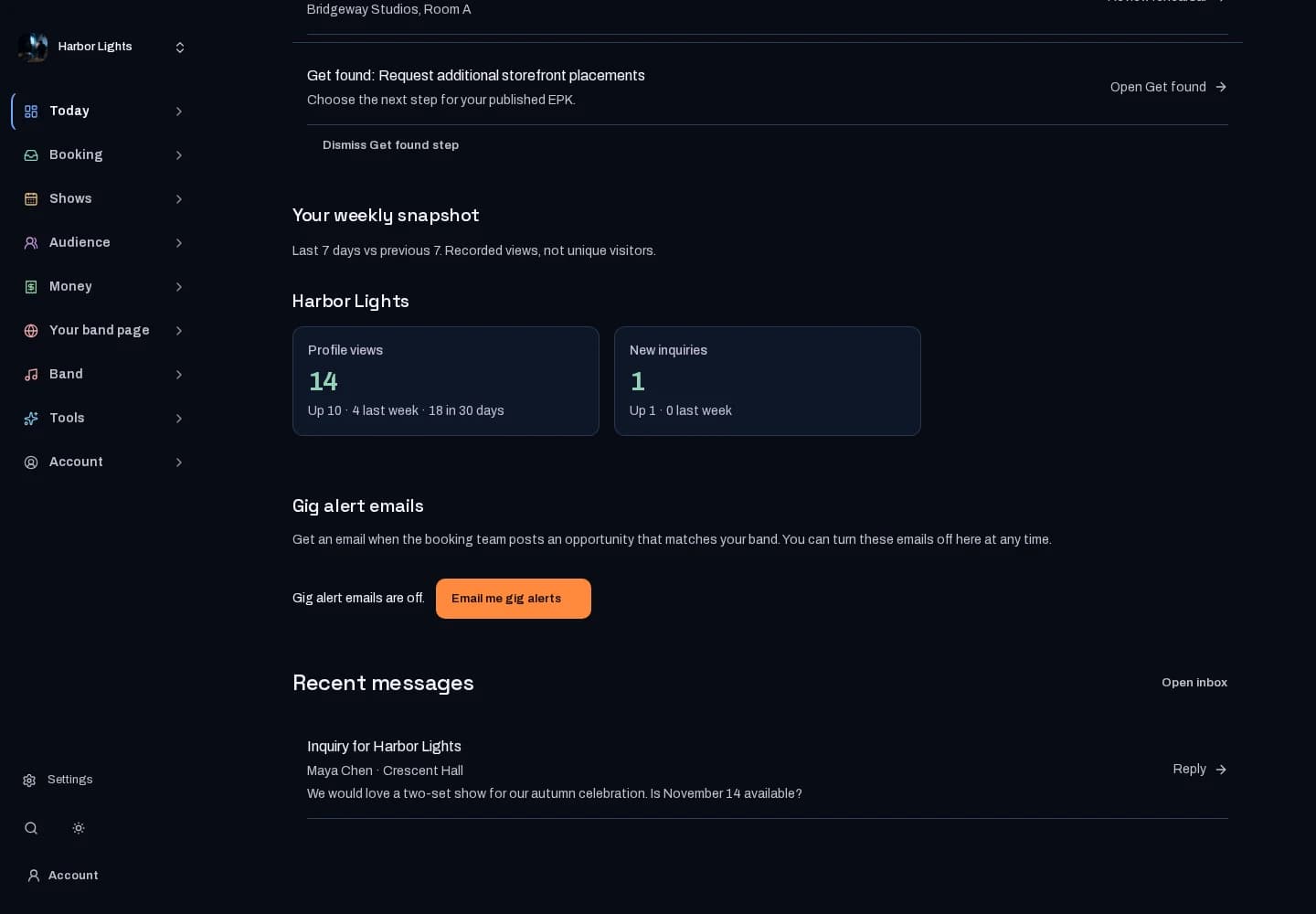 Harbor Lights’ owner overview and profile activity.