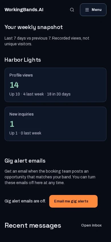 Harbor Lights’ owner overview and profile activity. Shown on a phone.