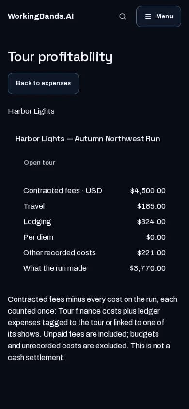 Compare income and costs for Harbor Lights’ autumn run. Shown on a phone.