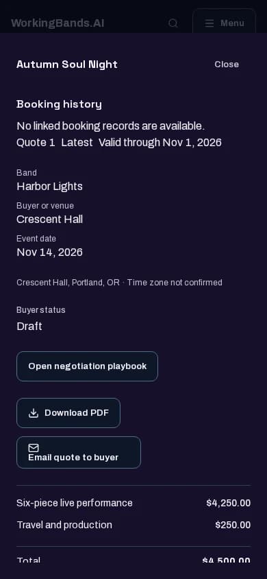 Harbor Lights’ performance quote and buyer response status. Shown on a phone.