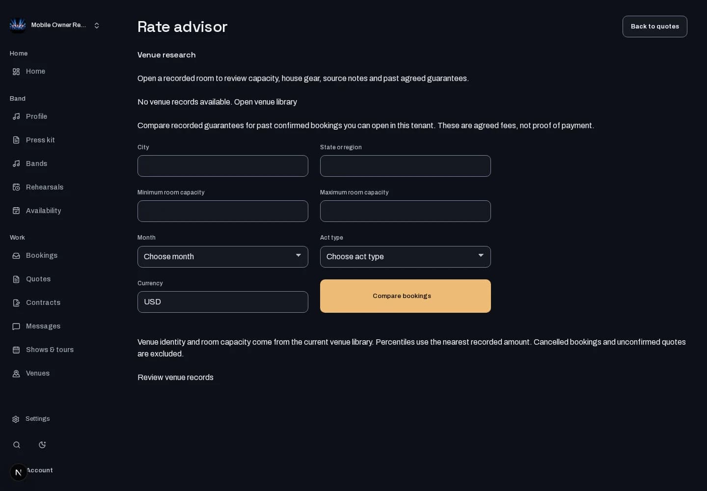 Rate advisor: desktop workspace with local test data. Availability shown reflects the test environment.