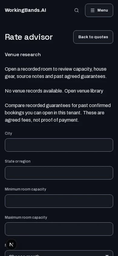 Rate advisor: mobile workspace with local test data. Availability shown reflects the test environment.