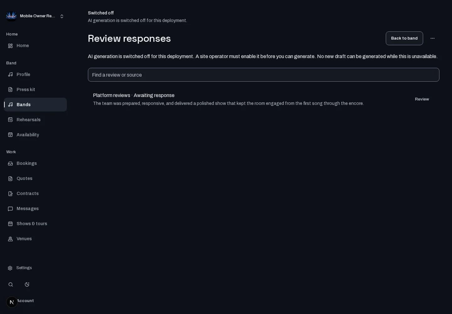 Review responses: desktop workspace with local test data. Availability shown reflects the test environment.