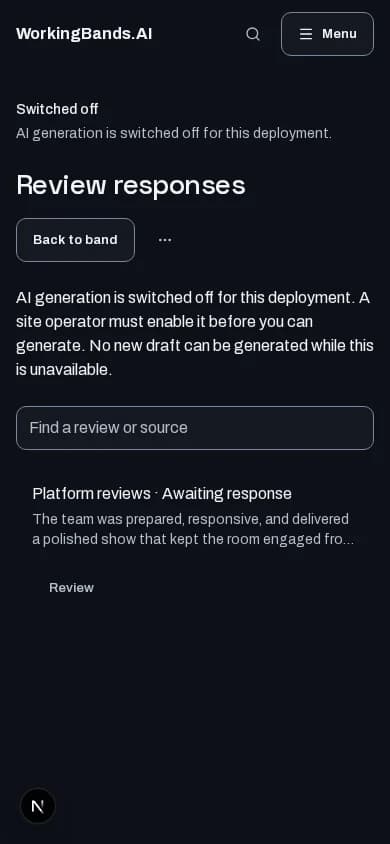 Review responses: mobile workspace with local test data. Availability shown reflects the test environment.
