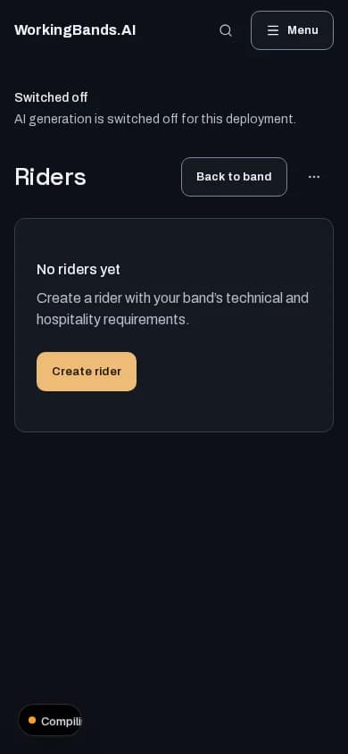 Rider generator: mobile workspace with local test data. Availability shown reflects the test environment.
