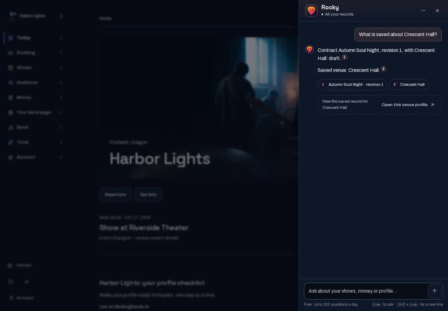 Rocky’s side panel on Harbor Lights’ dashboard: a short answer with a numbered link to each saved record.