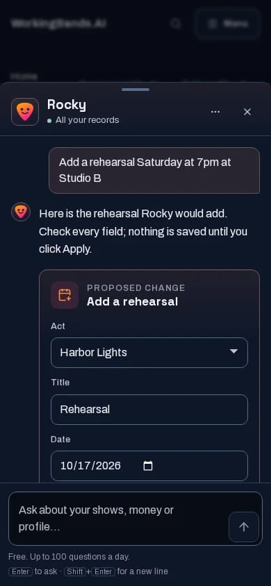 On a phone, Rocky opens as a bottom sheet and shows a new rehearsal field by field before anything is saved.