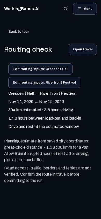 Review the route between Harbor Lights’ tour dates. Shown on a phone.