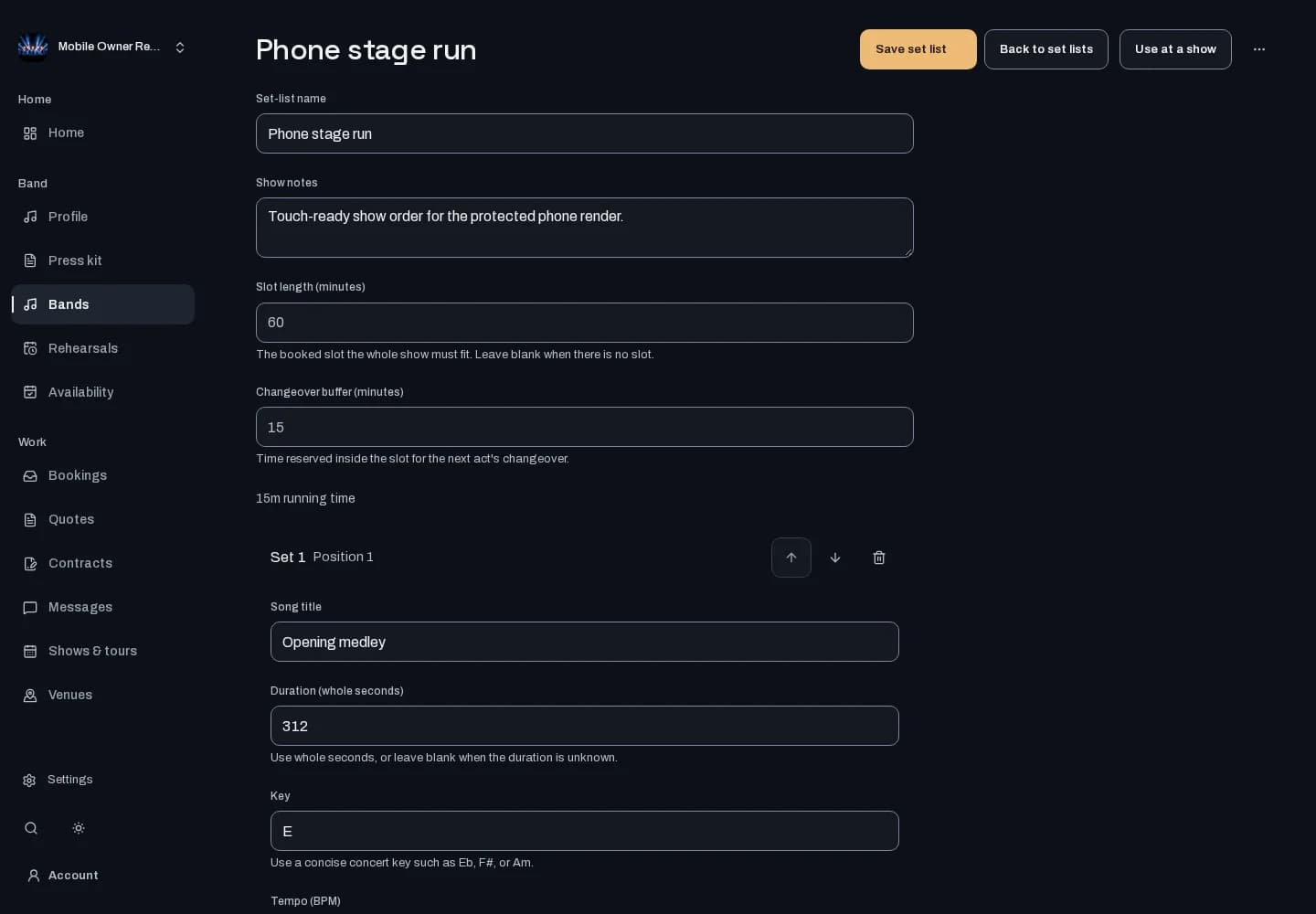 Open a saved list to work on songs and timing.