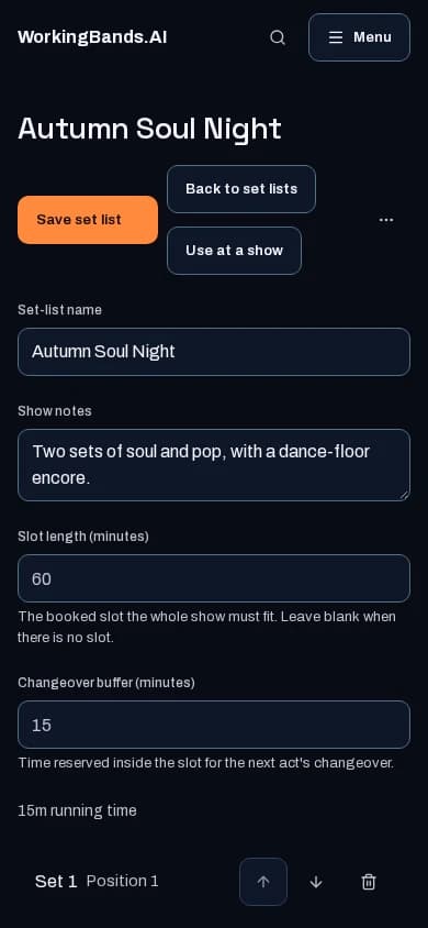 Harbor Lights’ saved show order, songs and running times. Shown on a phone.
