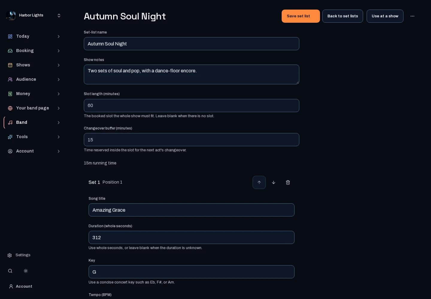 Harbor Lights’ saved show order, songs and running times.
