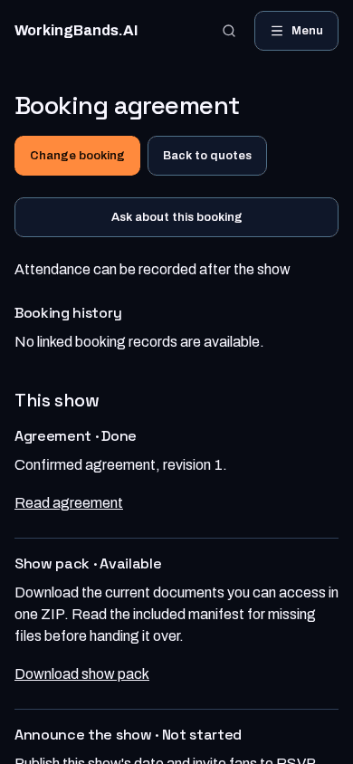 Harbor Lights’ confirmed show and show-pack download. Shown on a phone.