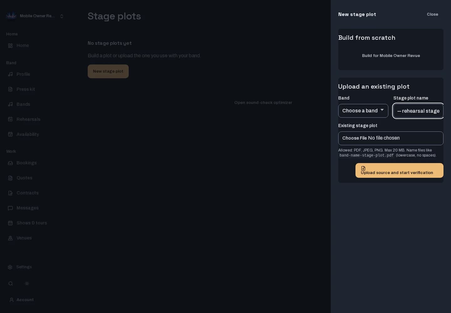 Start a named stage-plot project for a band you manage.