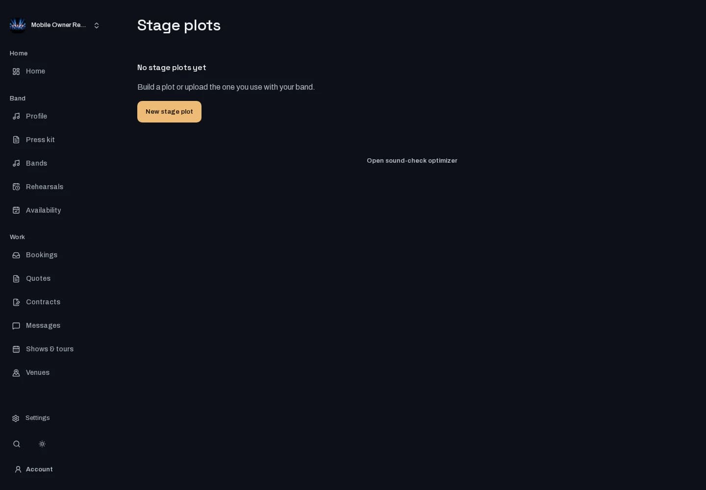 The stage-plot workspace with a local test band's projects.