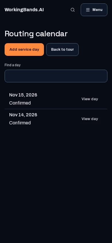 Harbor Lights’ autumn tour workspace and show calendar. Shown on a phone.