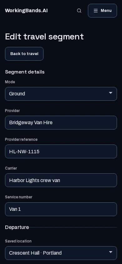 Harbor Lights’ Portland-to-Seattle journey and ground-travel details. Shown on a phone.