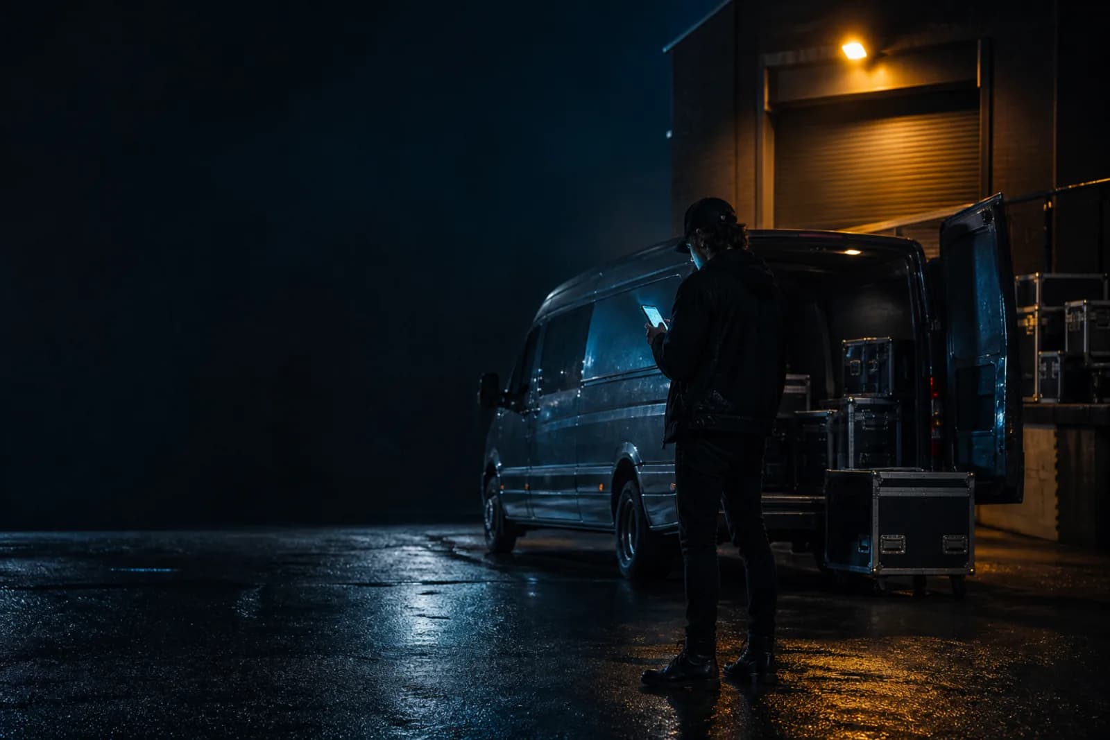 Musician checking a phone beside a tour van on a rain-soaked loading dock at night