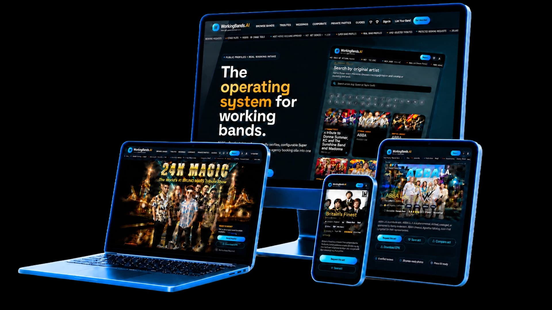 WorkingBands band profiles and directory shown across a desktop, laptop, tablet and phone