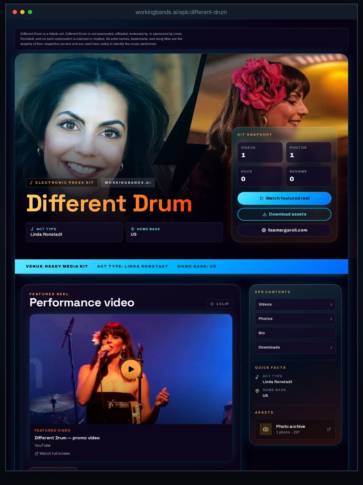 A public WorkingBands EPK for Different Drum with performance media and downloadable assets