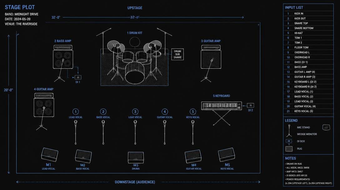 Example stage plot showing instrument positions and an input list